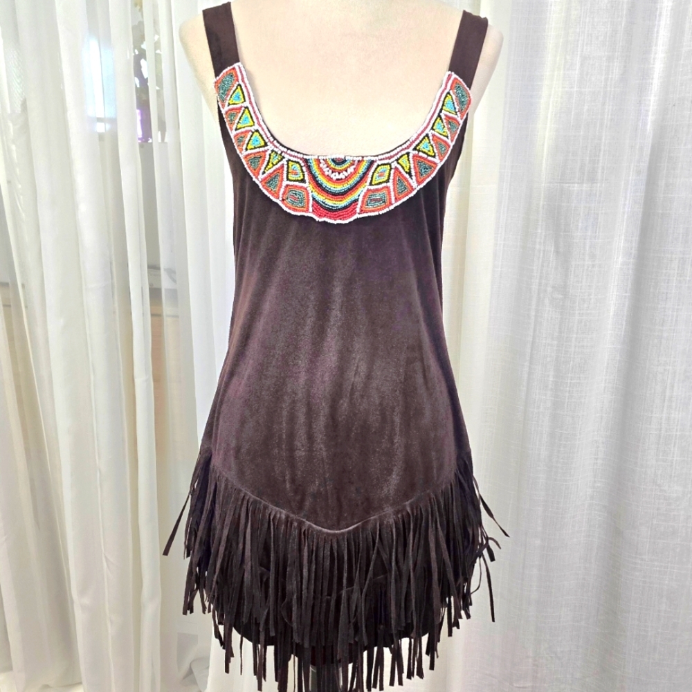 Dreamgirl Brown Faux Suede Beaded Mini Dress Womens Size XL Fringe‎ Festival